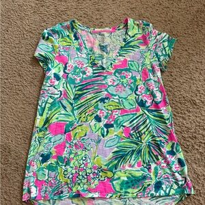 Lilly Pulitzer Etta V-Neck Short Sleeve Top - Pink & Green